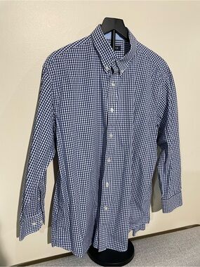 Nautica Men’s Blue and White Gingham Button-Down Shirt